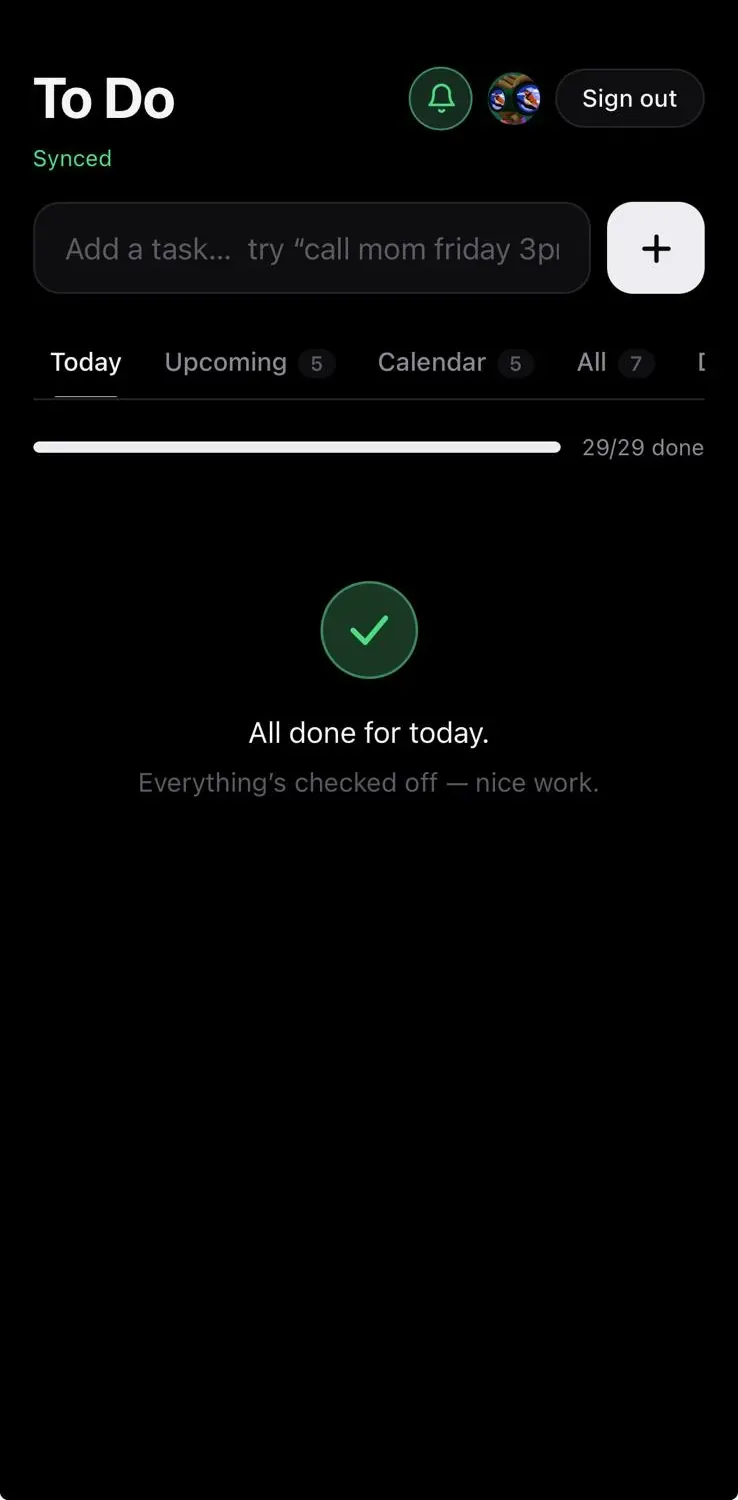 The To Do List home screen, showing categorized tasks with color coded labels and a progress bar